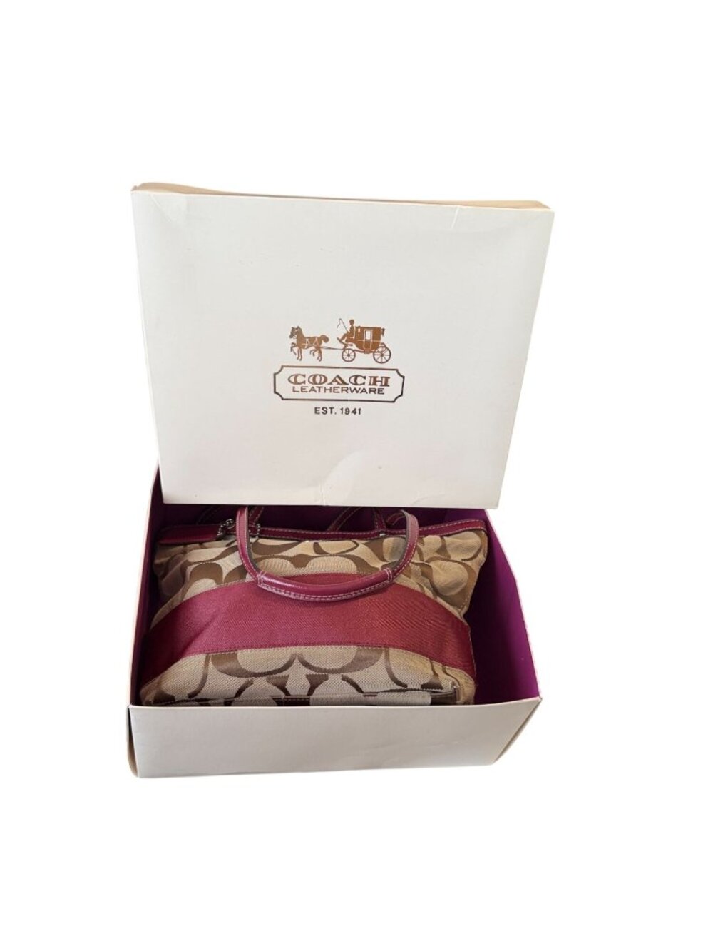 Coach Signature C Stripe Burgandy Patent Leather Shoulder Bag F19046 with Box